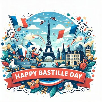 Happy Bastille Day card, banner on black background. French National Day. Vector illustration, created with generative ai