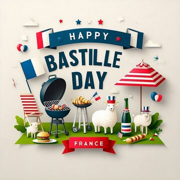 Happy Bastille Day card, banner on black background. French National Day. Vector illustration, created with generative ai