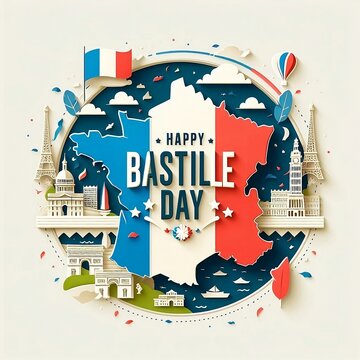Happy Bastille Day card, banner on black background. French National Day. Vector illustration, created with generative ai