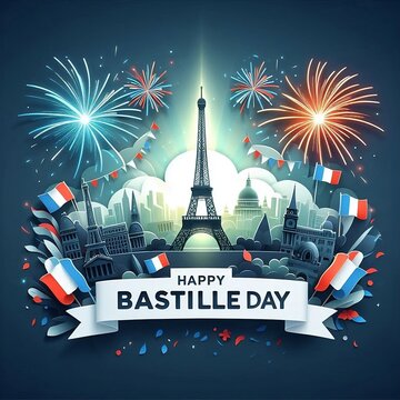 Happy Bastille Day card, banner on black background. French National Day. Vector illustration, created with generative ai