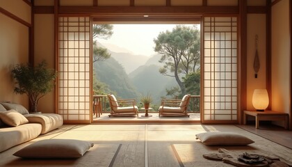 Poster - Japandi style room interior design with oriental arrangements and warm tones. Zen inspired interiors with a view of mountains and trees. Minimalist living with wood furniture and natural light.