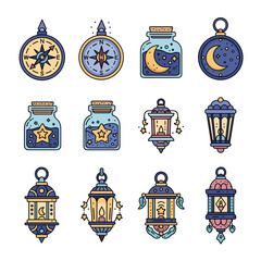 Poster - Ramadan Icons: A collection of twelve charming Ramadan icons, featuring lanterns, jars with stars and moons, and compasses, perfect for festive designs and celebrations. 
