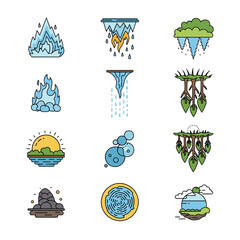 Fototapete - Elemental Icon Set: A collection of minimalistic icons representing natural elements: fire, ice, water, cloud, plants, sun and maze.