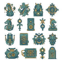 Poster - Mystical Emblems: A collection of intricately designed teal and gold emblems, showcasing various fantastical creatures and symbols, offering a glimpse into a world of wonder and imagination.
