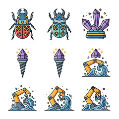Poster - Whimsical Illustrations: A vibrant array of artistic illustrations, featuring unique insects, crystals, and robotic elements, presented in a stylized manner.
