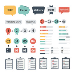 Poster - Communication and Information: A vibrant collection of speech bubbles, progress bars, checklists, and numbered icons, all meticulously designed to illustrate ideas and guide user interface.