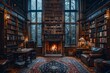 © Pandansari - Intimate home library featuring floor-to-ceiling bookshelves and fireplace setting
