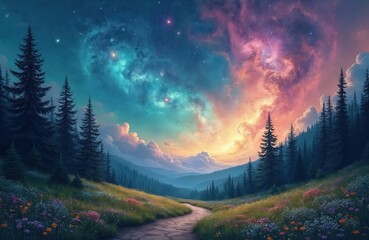 Aufkleber - Whimsical starry night sky with colorful nebulae swirling among the stars. Magical glow over mountain forest path and flower field. AI generated dreamy landscape.