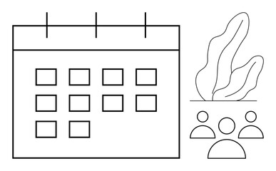 Poster - minimalist calendar layout next to team icons and abstract plant element. ideal for scheduling, coll