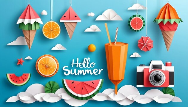 Hello summer with decoration origami hanging on the sky background. Paper art and craft style. Vector illustration of life ring, ice cream, camera, watermelon, sunglass, created with generative ai