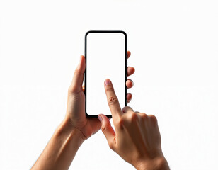 Poster - Person using smartphone with forefinger pressing home button on blank screen. Isolated white background. Modern mobile smart tech. App presentation. Touch screen technology. Digital device mockup.