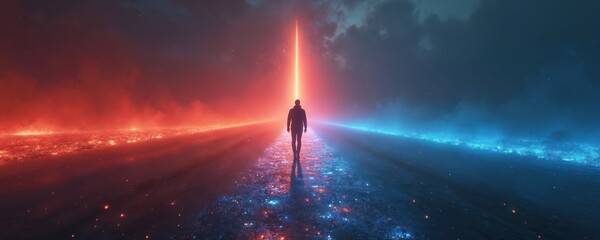 Poster - Lone figure walks path of light between red and blue contrasting light. Symbolizes choice journey destiny. Man follows glowing beam light. Fantasy illustration about decision future.