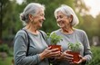 © miss irine - Two smiling senior women hold tomato seedlings in pots. Gardening together promotes health wellbeing. Gardening activities, social inclusion, community, elder care. Senior adult women, plants, care,