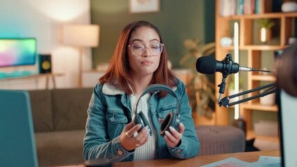 Poster - Woman, influencer or live recording with headphones for audio tips, online tutorial or studio guide. Female person, designer or editor talking with technology for virtual class or digital startup