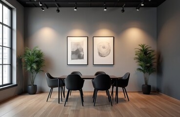 Aufkleber - Modern office interior for video conference calls. Virtual studio background with a table chairs art plants. Ideal setting for webinars online meetings. Pro look, suitable for remote work.