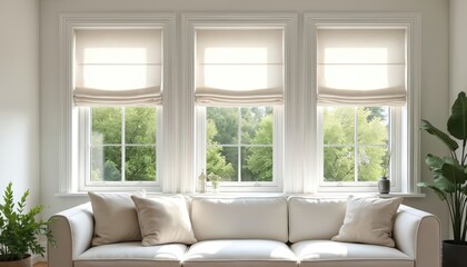 Poster - Modern living room interior with white Roman blinds on windows. Natural sunlight through the window creates cozy atmosphere. White sofa with pillows. Green trees behind the glass. Interior design.