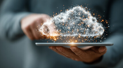 Poster - SaaS: Software as a Service Concept, Businessman Uses Tablet on SaaS Global Networking, Collaborating, Analyzing Data, Innovating, Developing Smart Solutions from Digital Technology.