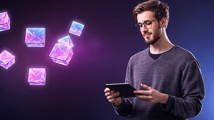 Man using tablet glowing cubes technology background