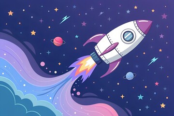 Rocket spaceship launch into space illustration vector galaxy stars planets cartoon cosmos