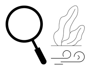 Poster - magnifying glass beside abstract plant and wind elements in minimal black line style. ideal for expl