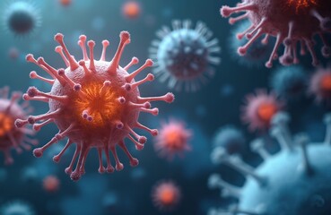 Poster - 3D render of virus cells. Cancer cell structure with T-cells, nanoparticles. Research, treatment concept for oncology, biology, infection. Medical healthcare, disease, immune system, virus cell
