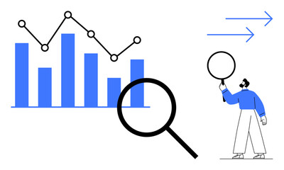 Poster - bar graph with line chart, magnifying glass, person holding magnifier, directional arrows. ideal for