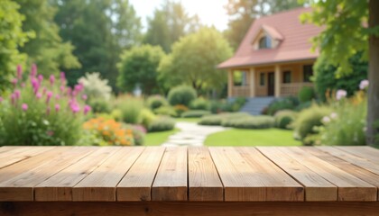 Aufkleber - Empty wood table top with blurred home garden background. Wooden surface with grass, flowers, house, sky. Top view for display products, mockups. Home, nature, spring, summer concept.