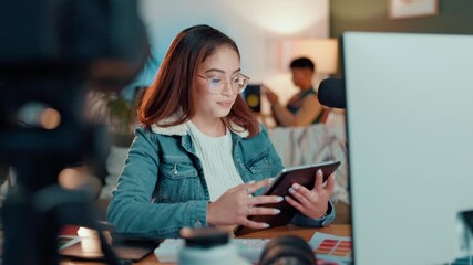 Poster - Woman, videographer and browsing with tablet in studio for online course, tips or digital design. Female person, creative designer or influencer research on technology for editing or content creation