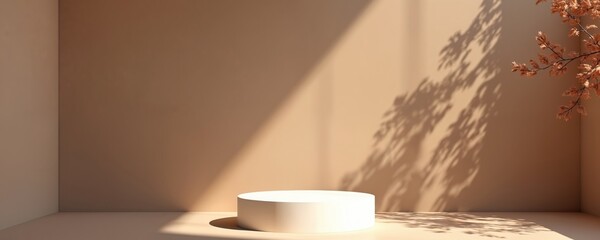 Aufkleber - 3D rendering product display podium. Minimal modern design blank scene to showcase cosmetics creams. Soft shadows from plants on beige background for advertising, promoting product, brand.