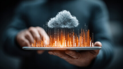 Poster - IaaS: Businessman using tablet with growth graph analyzing IaaS and cloud computing, scalability, cost efficiency, resource management, flexibility.