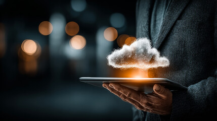 Poster - PaaS: Businessman using tablet with growth graph analyzing PaaS and cloud services, development platforms, scalability, integration, collaboration.