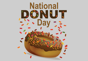 Poster - National donut day flat vector illustration poster. Donuts with icing and colorful sprinkles on light background. Graphic resource design.