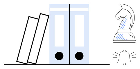 Poster - books and binders neatly aligned on a shelf, a chess knight representing strategy, and a notificatio