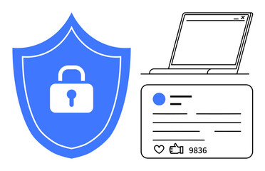 Poster - blue shield with lock symbol, outlined laptop, and social media interface for privacy and cybersecur