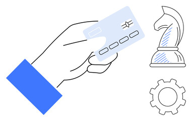 Poster - simplified hand holding credit card, accompanied by chess knight and gear, representing strategic de