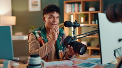 Poster - content creator, microphone and camera with man in studio for influencer, advice or broadcast. subsc