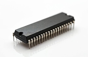 Poster - Retro microchip isolated on white background. Electronic component for computer device. Semiconductor microcircuit, microprocessor or integrated circuit detail, macro shot.