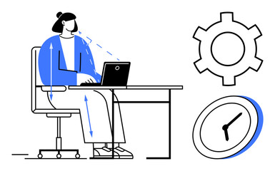 Poster - person working at a desk using a laptop, surrounded by a clock and gear. ideal for productivity, wor