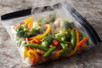 Poster - Frozen Stir Fry Mix Steaming in a Clear Bag Ready for Cooking at Home Kitchen