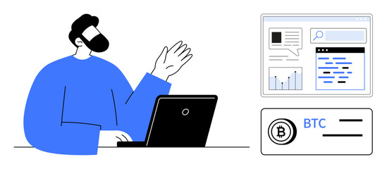 Poster - male professional gesturing at laptop, showcasing web charts, search bars, and bitcoin information. 