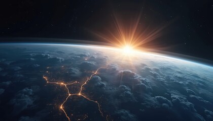 Wall Mural - Stunning sunrise over Earth from space. City lights shine from space, cloud formations. Illustration of planet, cosmos, universe. Natural landscape, horizon, night sky.