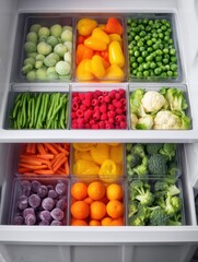 Poster - Colorful Frozen Fruits and Vegetables Arranged Neatly in an Open Freezer Drawer for Easy Access and Meal Preparation