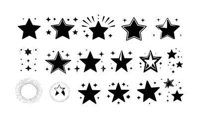 Poster - A modern vector-style collection of black star icons on a white background, star shapes including five-pointed stars, twinkling stars, outlined stars, shooting stars, easily editable.