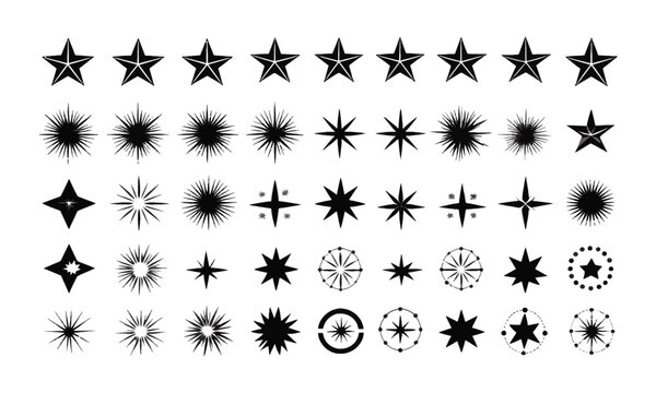A modern vector-style collection of black star icons on a white background, star shapes including five-pointed stars, twinkling stars, outlined stars, shooting stars, easily editable.