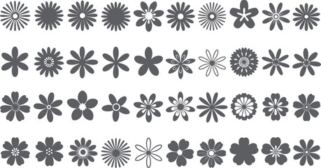 Wall Mural - array of various flower icons in gray color with different petal shapes and center designs shown on 