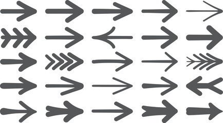 Wall Mural - a collection of twenty five gray arrow illustrations pointing in the right direction on white backgr
