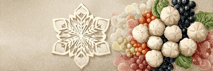 Poster - Stylized Snowflake Complements Frozen Dumplings and Colorful Vegetables on a Bright Background