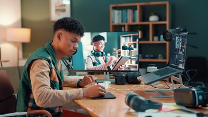 Poster - Man, influencer and editing video with laptop, screen and production with update or review. Monitor, tech and writing with content creation, broadcast and freelancer in house for social media podcast