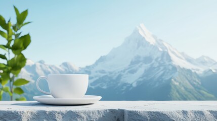 Aufkleber - Deck feast mountains concept. Serene mountain view with a cup of coffee on a table surrounded by greenery.