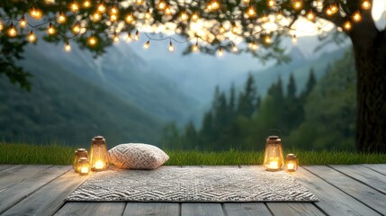 Poster - Deck feast mountains concept. Cozy outdoor setting with lanterns and a rug, surrounded by mountains and trees.